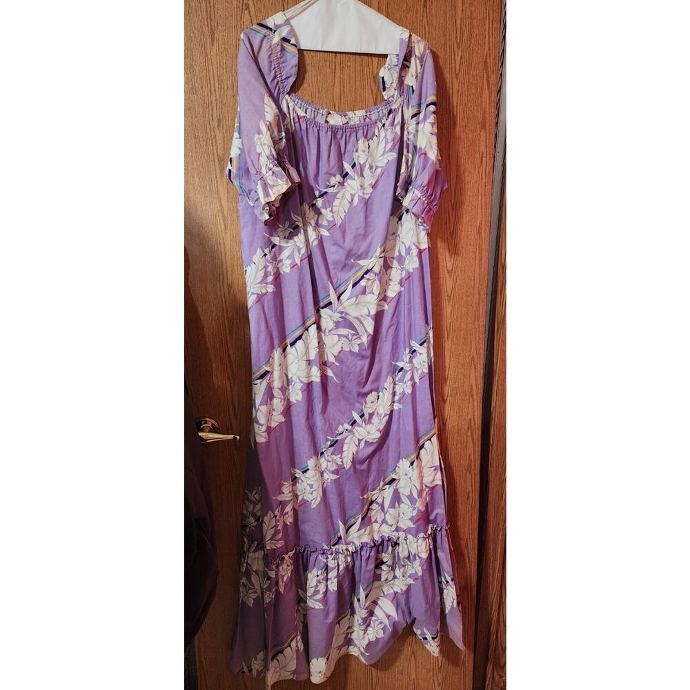 Vintage Hawaii Malihini Purple Dress Floral Leaves Hawaiian Vacation Luau Size L